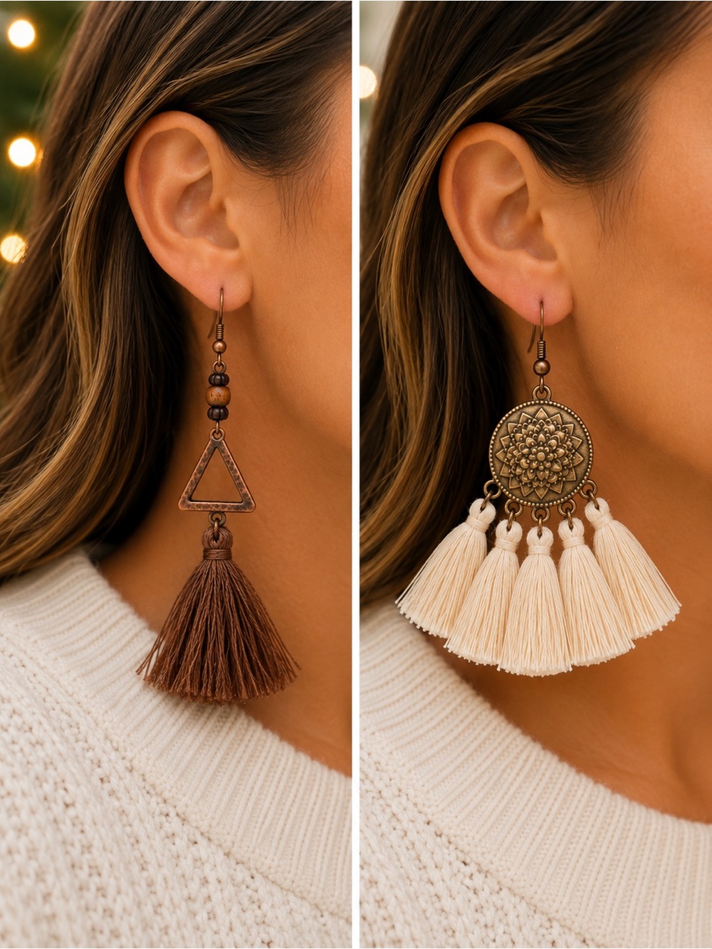 Boho Tassel Earrings Cream Gold Bronze Round Festival Statement Dangle 2 Pair